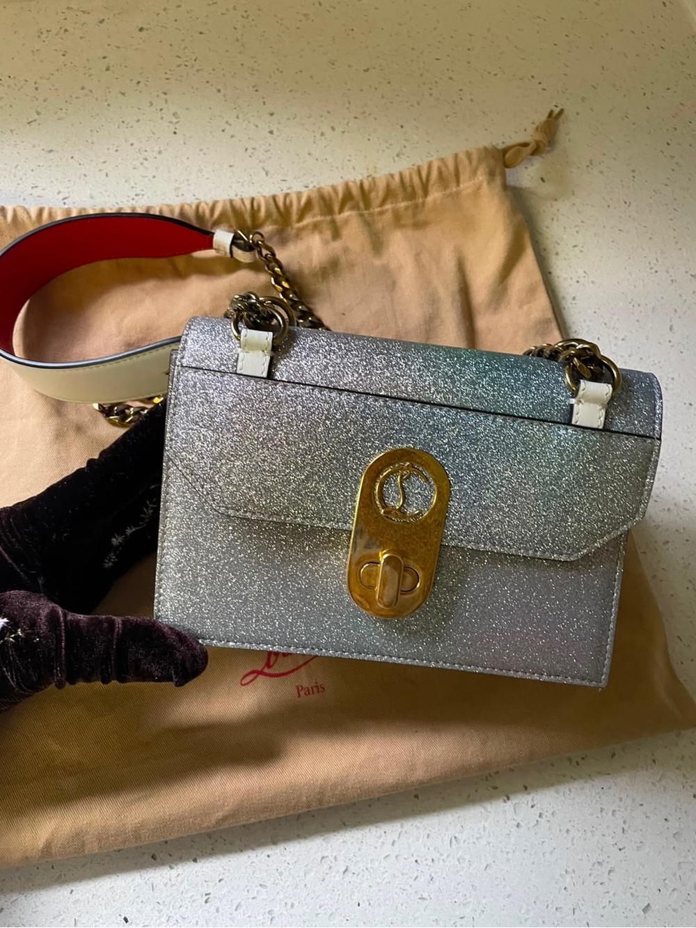 Silver ombré multicolor Glitter Chain Shoulder Bag with Gold Hardware - Picture 1 of 12